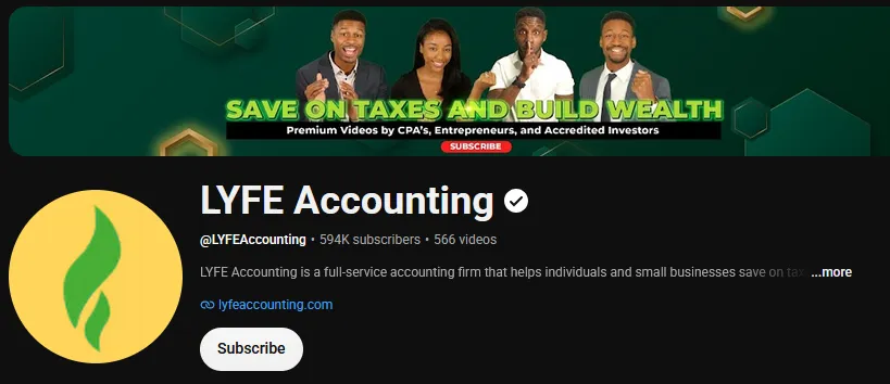 LYFE Accounting YouTube channel page showing 594K subscribers and 566 videos.