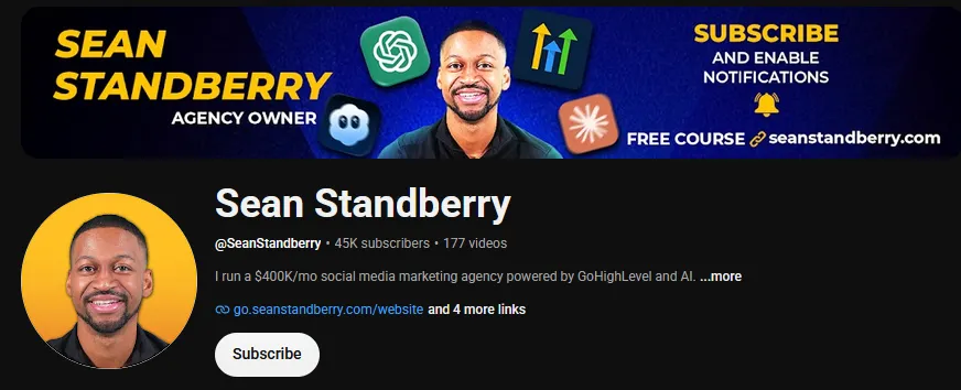 Sean Standberry YouTube channel page showing 45K subscribers and 177 videos.